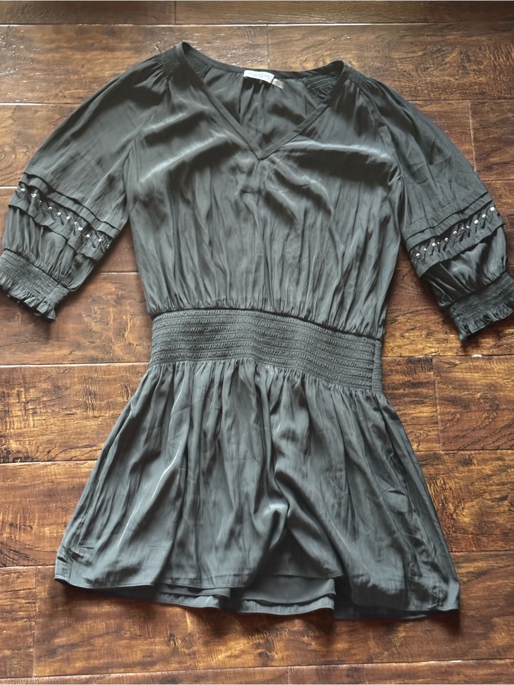Ramy Brook Black V Neck Mini Dress Embellished Puff Sleeves Size Large